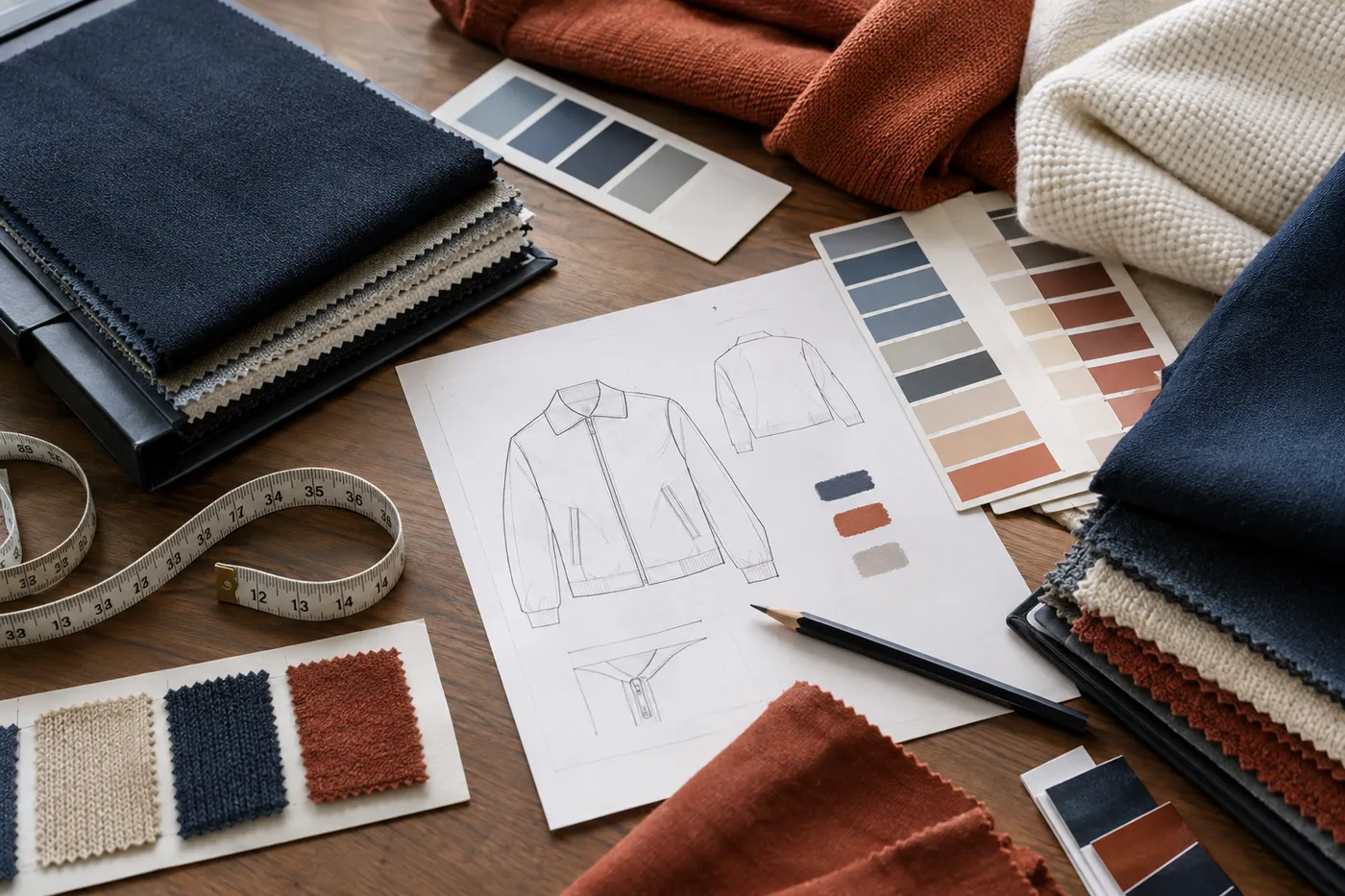 Fabric swatches, color cards and a jacket tech sketch on a merchandiser's desk