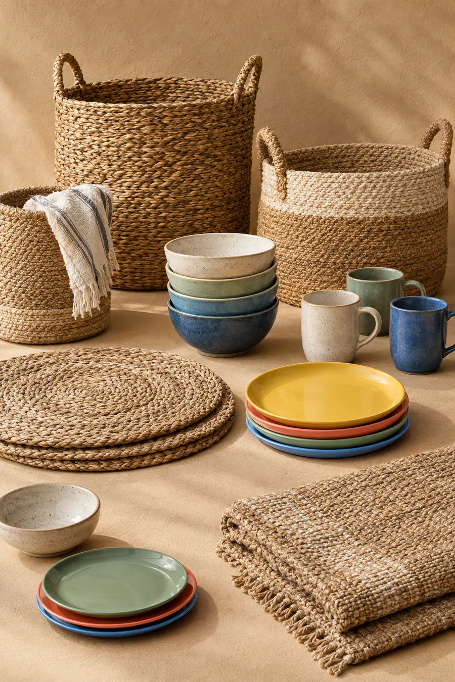 Seagrass baskets, a jute rug, woven placemats, ceramic bowls and melamine plates
