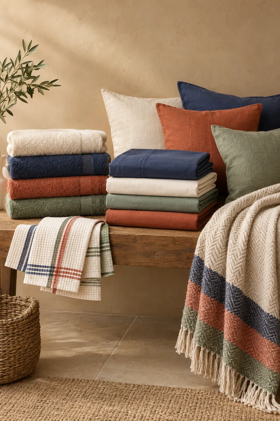 Stacked towels, bed linen, cushions and a woven throw on a bench