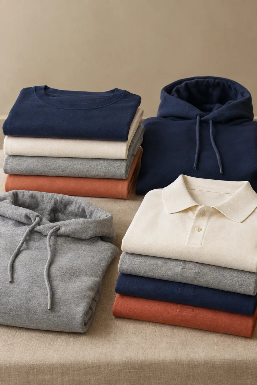 Stacks of knit t-shirts, polos and hoodies