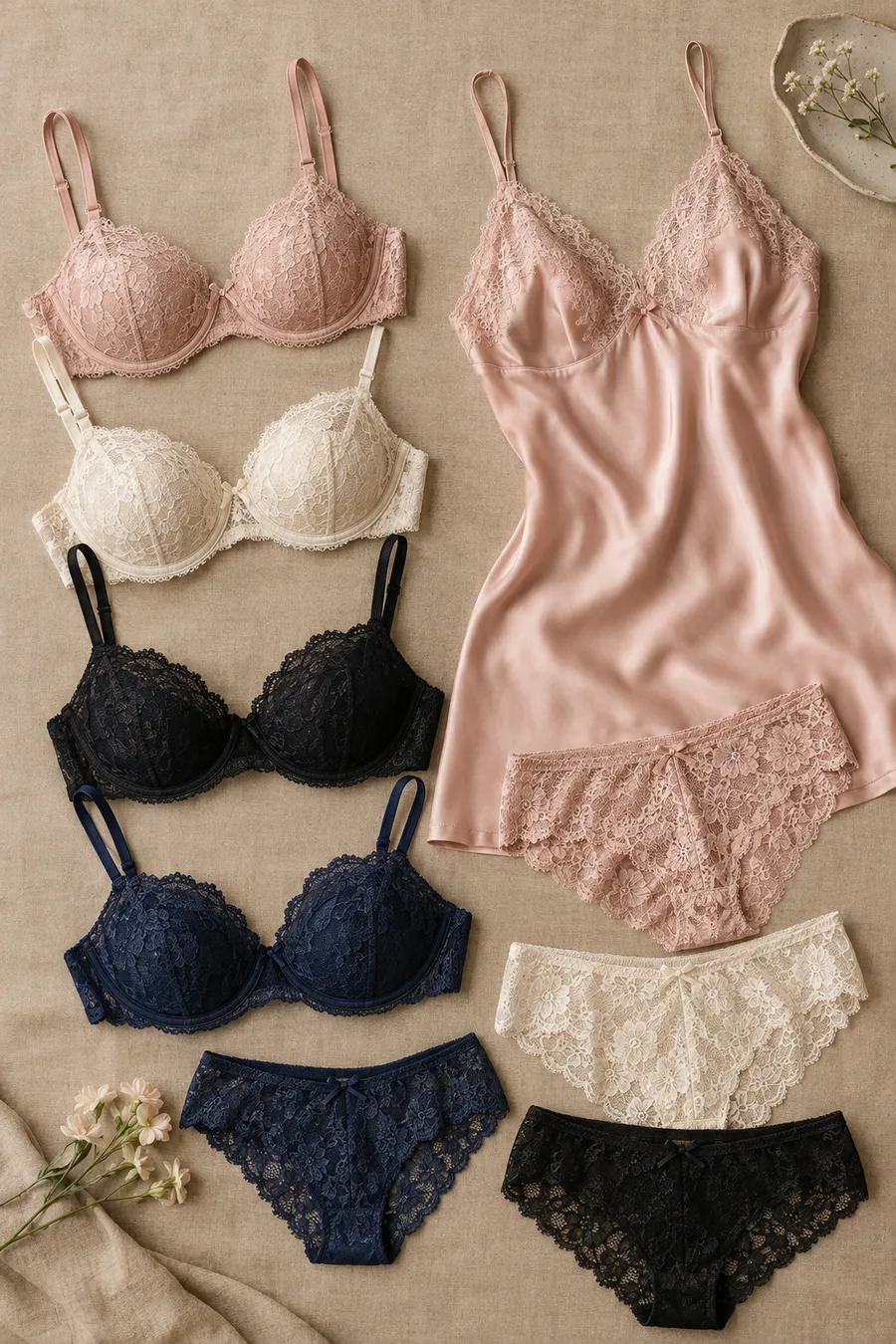 Lace bras, briefs and a satin slip laid flat