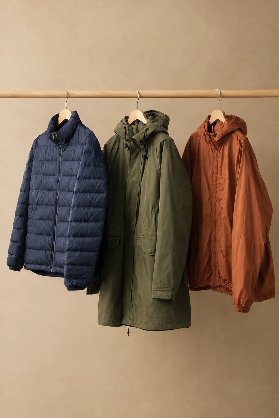 Puffer jacket, parka and windbreaker on a clothes rail
