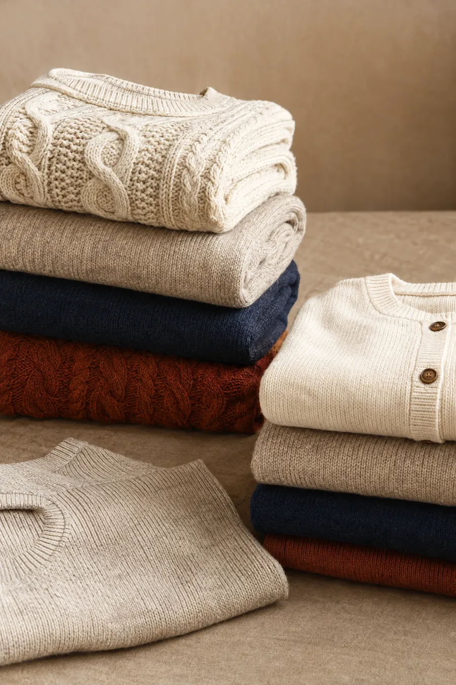 Stacks of cable-knit sweaters and cardigans