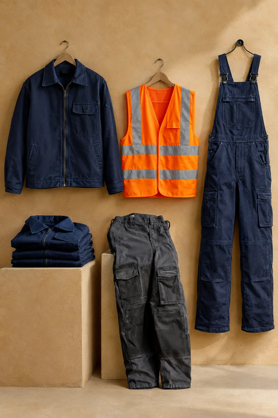 Work jacket, hi-visibility vest, cargo work trousers and bib overall