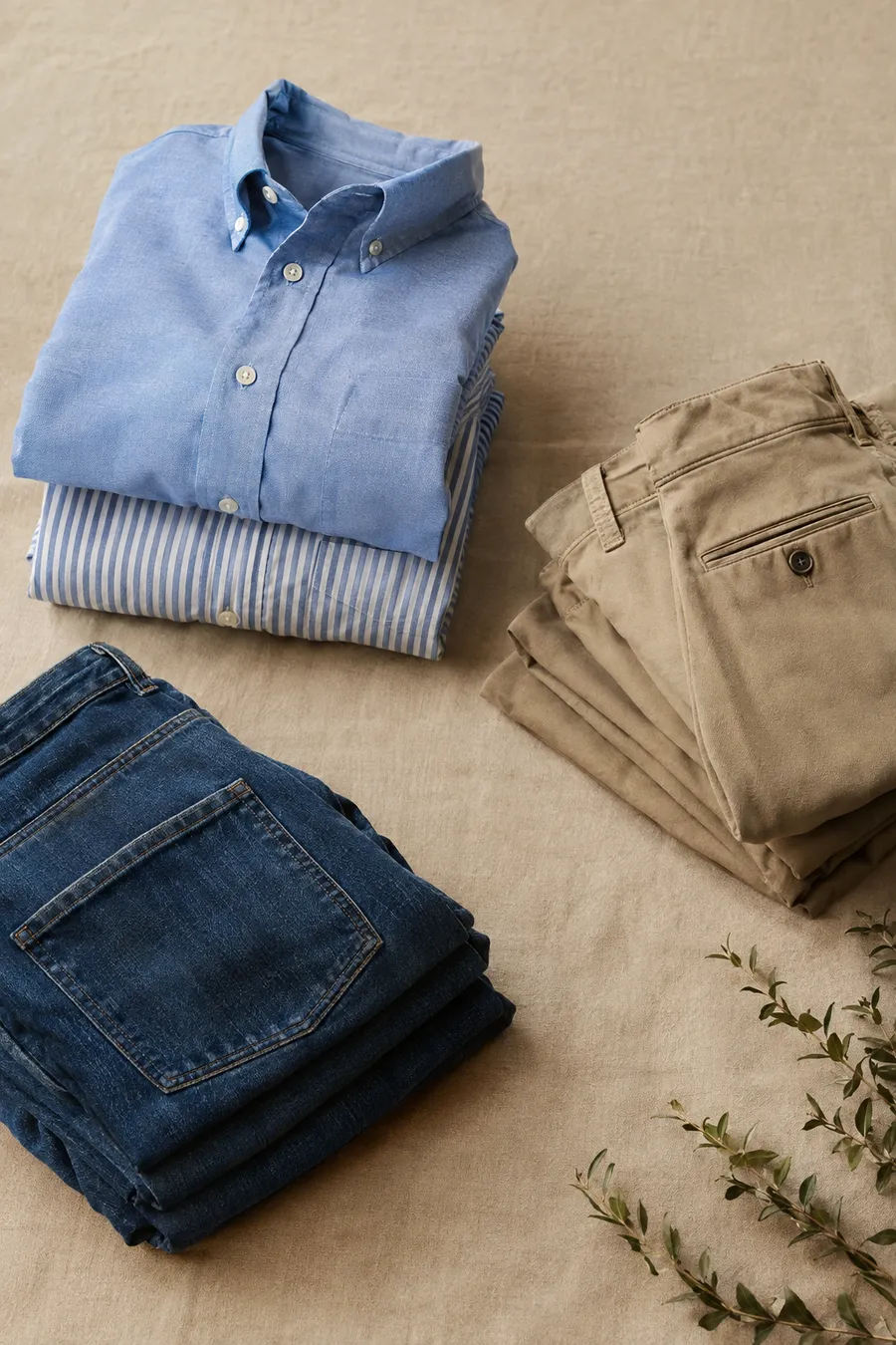 Folded woven shirts, chinos and denim jeans
