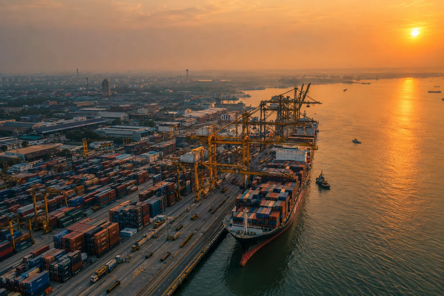 Container ship docked at a busy Bangladesh port at sunset